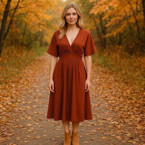 NWOT eShakti Fit & Flare‎ Midi Dress Rust Color Fall Holiday Season Cozy M/10